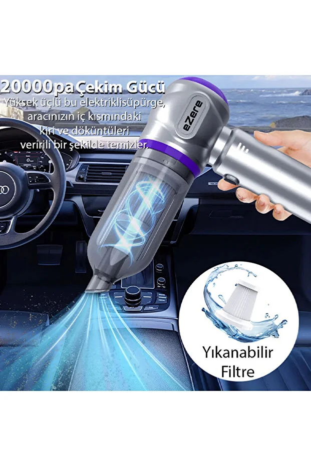 7800 mAh Güçlendirilmiş Pil 20000pa Güçlü Portatif Vakumlu Kablosuz Üflemeli Mini Araç Süpürgesi